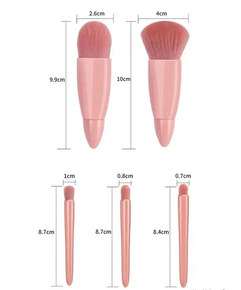5-in-1 Portable Travel Makeup Brush Set with Mirror – Compact Mini Cosmetic Brushes Kit – Soft Bristles, Ideal for Purse, Bag & Travel Use