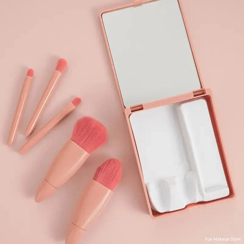 5-in-1 Portable Travel Makeup Brush Set with Mirror – Compact Mini Cosmetic Brushes Kit – Soft Bristles, Ideal for Purse, Bag & Travel Use