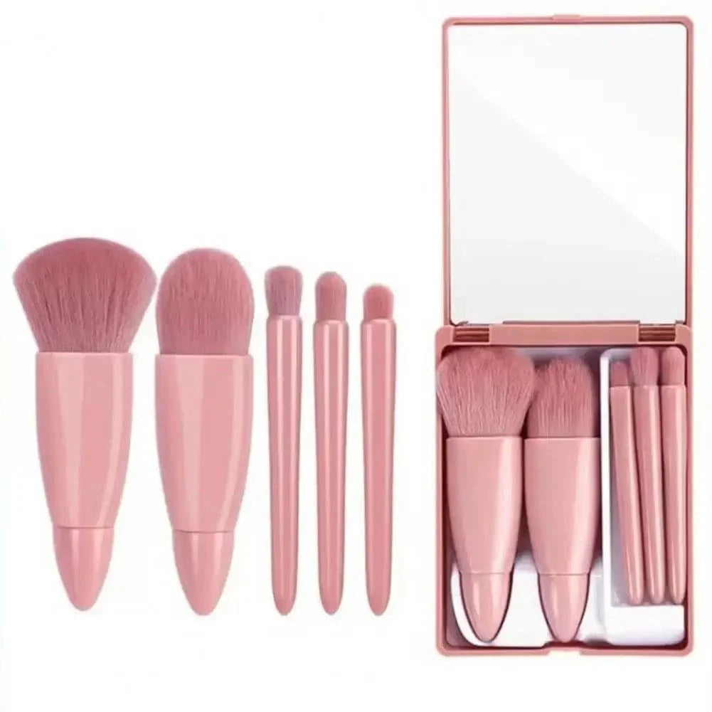 5-in-1 Portable Travel Makeup Brush Set with Mirror – Compact Mini Cosmetic Brushes Kit – Soft Bristles, Ideal for Purse, Bag & Travel Use