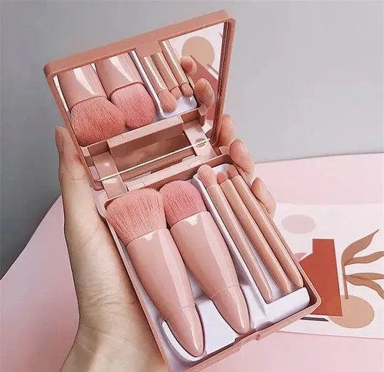 5-in-1 Portable Travel Makeup Brush Set with Mirror – Compact Mini Cosmetic Brushes Kit – Soft Bristles, Ideal for Purse, Bag & Travel Use