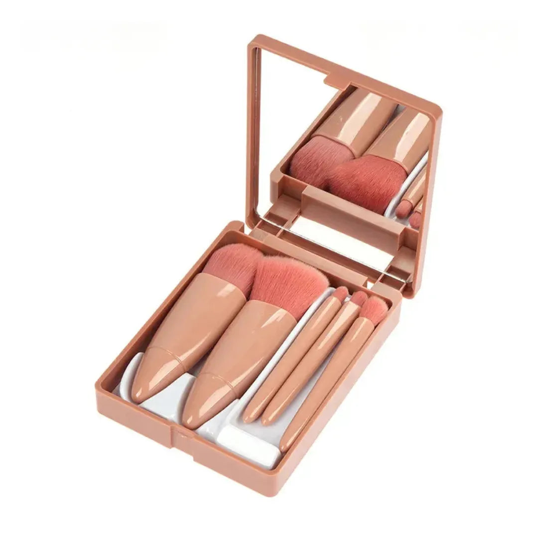 5-in-1 Portable Travel Makeup Brush Set with Mirror – Compact Mini Cosmetic Brushes Kit – Soft Bristles, Ideal for Purse, Bag & Travel Use