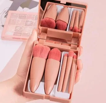 5-in-1 Portable Travel Makeup Brush Set with Mirror – Compact Mini Cosmetic Brushes Kit – Soft Bristles, Ideal for Purse, Bag & Travel Use
