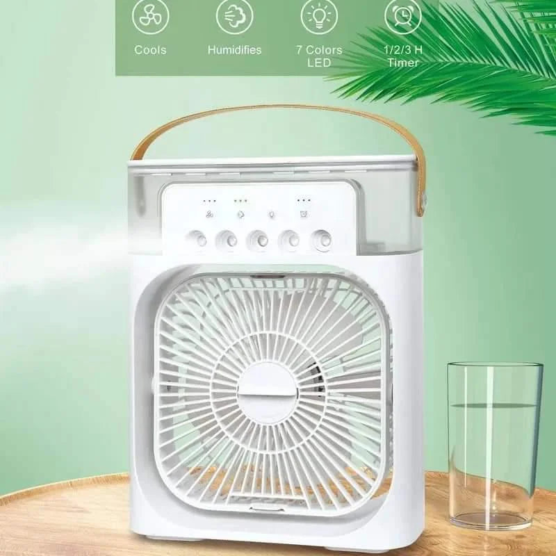 Mini AC Portable LED Room Cooler – 3-in-1 Table Fan, Humidifier & LED Light