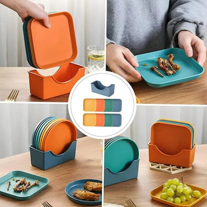 Multicolor Plastic Plate Set with Holder – Durable, Lightweight, Reusable Dining Plates – Plates for Kitchen, Serving & Parties