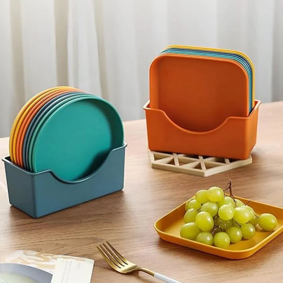Multicolor Plastic Plate Set with Holder – Durable, Lightweight, Reusable Dining Plates – Plates for Kitchen, Serving & Parties