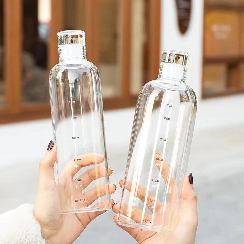 Premium Glass Water Bottle with Time Markings – Eco-Friendly BPA-Free Hydration Tracker for Travel & Daily Use