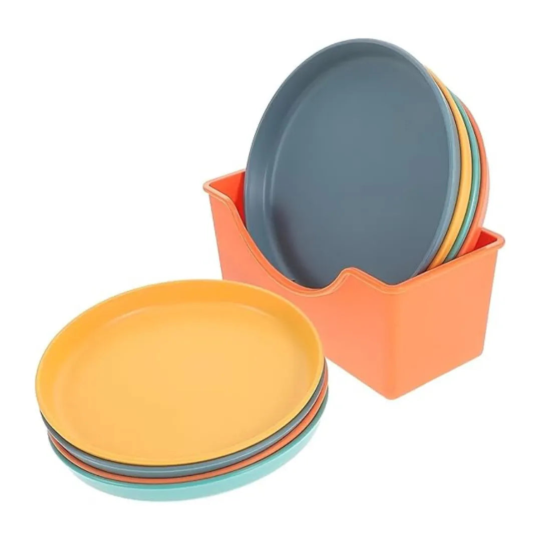 Multicolor Plastic Plate Set with Holder – Durable, Lightweight, Reusable Dining Plates – Plates for Kitchen, Serving & Parties