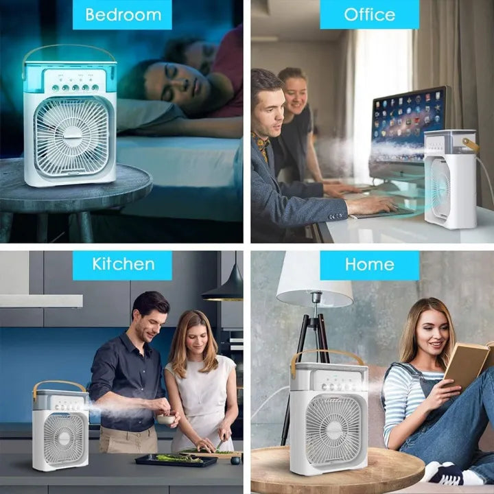 Mini AC Portable LED Room Cooler – 3-in-1 Table Fan, Humidifier & LED Light