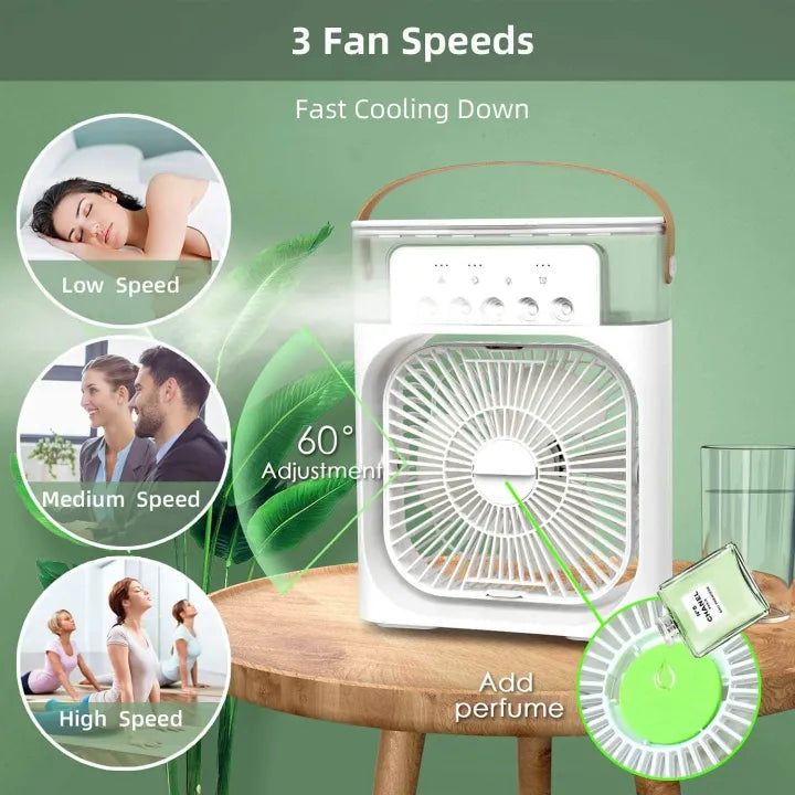 Mini AC Portable LED Room Cooler – 3-in-1 Table Fan, Humidifier & LED Light