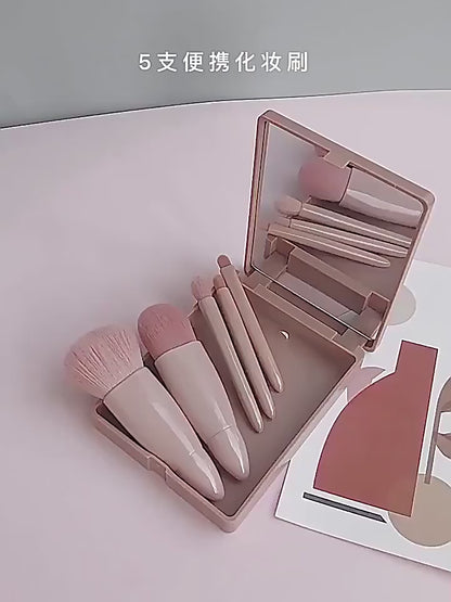 5-in-1 Portable Travel Makeup Brush Set with Mirror – Compact Mini Cosmetic Brushes Kit – Soft Bristles, Ideal for Purse, Bag & Travel Use